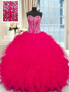 Decent Sleeveless Floor Length Beading and Ruffles Lace Up Sweet 16 Dress with Coral Red
