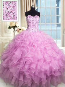 Hot Selling Sleeveless Lace Up Floor Length Beading and Ruffles and Sequins Ball Gown Prom Dress