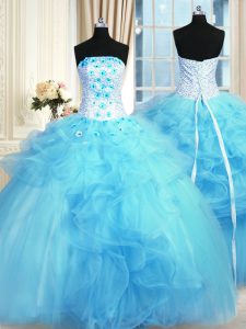 Artistic Sleeveless Floor Length Pick Ups and Hand Made Flower Lace Up Quinceanera Gown with Baby Blue