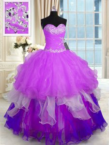 Inexpensive Sleeveless Organza Floor Length Lace Up Sweet 16 Dress in Multi-color with Beading and Ruffles