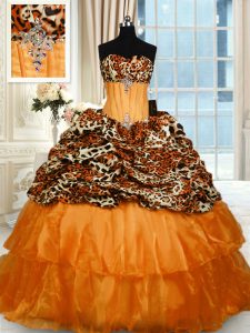 Printed Orange Strapless Lace Up Beading and Ruffled Layers Sweet 16 Quinceanera Dress Sweep Train Sleeveless