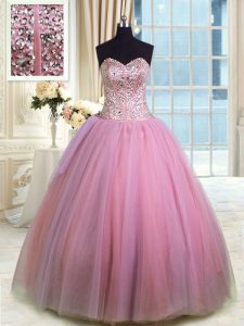 Fantastic Sleeveless Organza Floor Length Lace Up Ball Gown Prom Dress in Rose Pink with Beading and Ruching