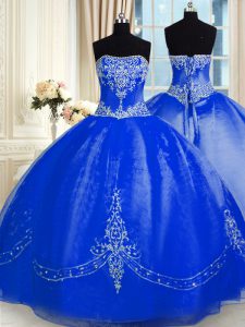 Great Floor Length Lace Up Quinceanera Dress Royal Blue for Military Ball and Sweet 16 and Quinceanera with Beading and 