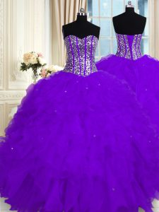 Nice Eggplant Purple Sweetheart Lace Up Beading and Ruffles Quinceanera Dresses Sleeveless