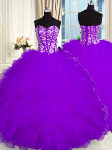 Eye-catching Floor Length Lace Up Vestidos de Quinceanera Purple for Military Ball and Sweet 16 and Quinceanera with Bea