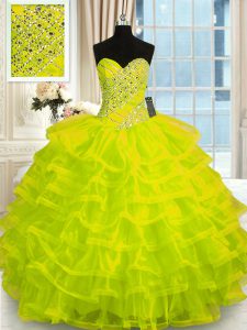 Yellow Green Vestidos de Quinceanera Military Ball and Sweet 16 and Quinceanera and For with Beading and Ruffled Layers 