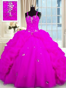 Sweet Floor Length Lace Up Sweet 16 Quinceanera Dress Fuchsia for Military Ball and Sweet 16 and Quinceanera with Beadin