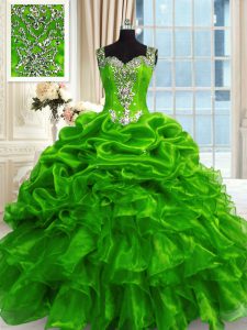 New Style Green Sleeveless Beading and Ruffles and Pick Ups Floor Length Quince Ball Gowns