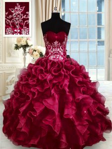 Extravagant Wine Red Ball Gowns Beading and Appliques and Ruffles 15th Birthday Dress Lace Up Organza Sleeveless Floor L
