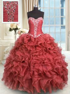 Beading and Ruffles Sweet 16 Dresses Rust Red Lace Up Sleeveless Floor Length