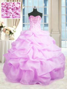 Lilac Ball Gowns Beading and Ruffles Sweet 16 Quinceanera Dress Lace Up Organza Sleeveless Floor Length