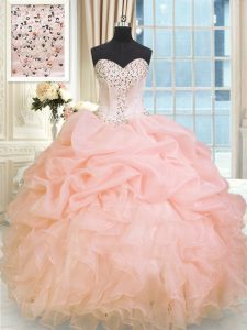 Sweetheart Sleeveless Quinceanera Dresses Floor Length Beading and Ruffles Baby Pink Organza