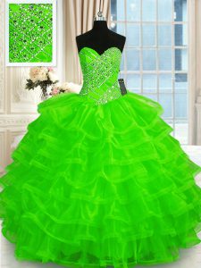Organza Lace Up 15th Birthday Dress Sleeveless Floor Length Beading and Ruffled Layers