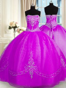 Trendy Purple Ball Gowns Beading and Embroidery Quince Ball Gowns Lace Up Organza Sleeveless Floor Length