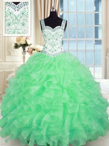 Cute Ball Gowns Beading and Appliques and Ruffles 15th Birthday Dress Lace Up Organza Sleeveless Floor Length