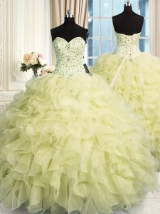 Fitting Yellow Ball Gowns Beading and Ruffles 15th Birthday Dress Lace Up Organza Sleeveless Floor Length