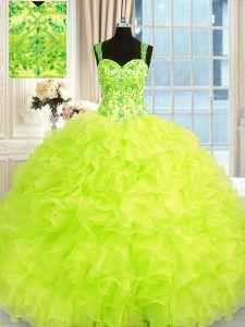 Beading and Embroidery and Ruffles Ball Gown Prom Dress Yellow Green Lace Up Sleeveless Floor Length