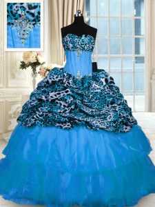 Elegant Baby Blue Ball Gown Prom Dress Organza and Printed Sweep Train Sleeveless Beading and Ruffled Layers