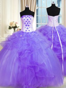 Lavender Strapless Neckline Pick Ups and Hand Made Flower Quinceanera Dresses Sleeveless Lace Up