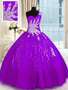 Customized Floor Length Purple Quinceanera Gown One Shoulder Sleeveless Lace Up