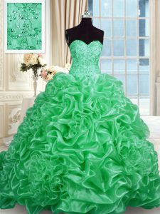 Glorious Beading Quinceanera Gowns Green Lace Up Sleeveless Sweep Train