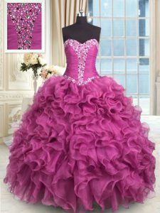 Stylish Sweetheart Sleeveless 15th Birthday Dress Floor Length Beading and Ruffles Rose Pink Organza