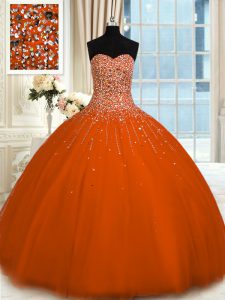 Rust Red Lace Up Sweet 16 Dress Beading Sleeveless Floor Length