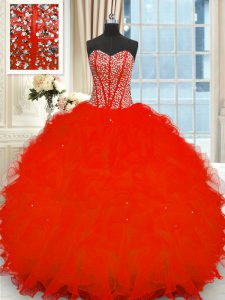 Red Strapless Neckline Beading and Ruffles Quinceanera Dresses Sleeveless Lace Up