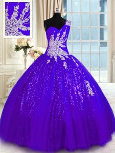 Beautiful Purple One Shoulder Neckline Appliques 15 Quinceanera Dress Sleeveless Lace Up