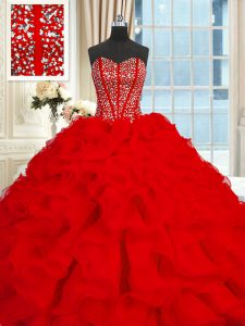 Brush Train Ball Gowns Quince Ball Gowns Red Sweetheart Organza Sleeveless With Train Lace Up