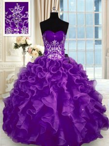 Dazzling Purple Organza Lace Up Sweet 16 Dress Sleeveless Floor Length Beading and Appliques and Ruffles