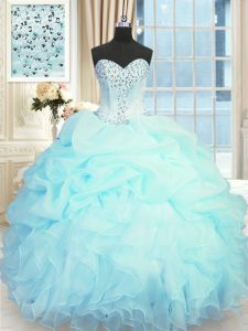 Latest Sweetheart Sleeveless 15th Birthday Dress Floor Length Beading and Ruffles and Pick Ups Light Blue Organza