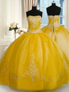 Extravagant Gold Sleeveless Beading and Embroidery Floor Length 15 Quinceanera Dress