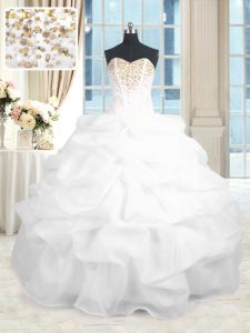 White Sleeveless Floor Length Beading and Ruffles Lace Up Sweet 16 Dresses