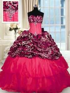 Glamorous Ruffled Sweep Train Ball Gowns Quinceanera Dresses Red Strapless Organza and Printed Sleeveless Lace Up