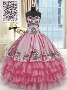 Rose Pink Sweetheart Neckline Beading and Embroidery and Ruffled Layers Quince Ball Gowns Sleeveless Lace Up
