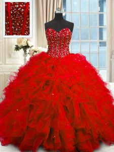 Flare Red Sleeveless Floor Length Beading and Ruffles and Sequins Lace Up Sweet 16 Dresses