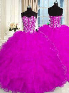 Fuchsia Organza Lace Up Sweetheart Sleeveless Floor Length Vestidos de Quinceanera Beading and Ruffles