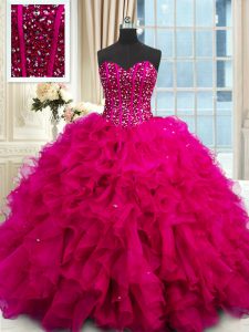 Spectacular Sequins Floor Length Fuchsia Quinceanera Gown Sweetheart Sleeveless Lace Up