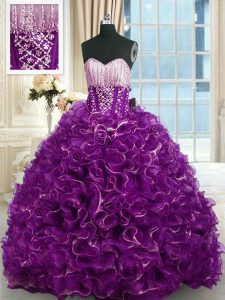Organza Sleeveless With Train Quinceanera Gowns Brush Train and Beading and Ruffles