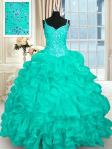 Turquoise Ball Gowns Beading and Ruffles 15 Quinceanera Dress Lace Up Organza Sleeveless