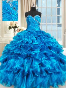 Fashionable Baby Blue Three Pieces Organza Sweetheart Sleeveless Beading and Ruffles Floor Length Lace Up Sweet 16 Dress