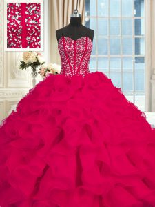 Red Organza Lace Up Sweet 16 Dresses Sleeveless Brush Train Beading and Ruffles