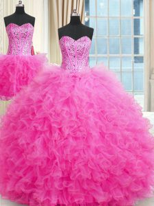 Three Piece Rose Pink Ball Gowns Strapless Sleeveless Tulle Floor Length Lace Up Beading and Ruffles Quinceanera Dresses