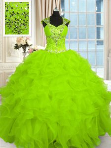 Sweet Straps Cap Sleeves Organza 15th Birthday Dress Beading and Ruffles Lace Up