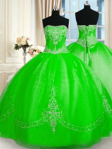 Sleeveless Floor Length Beading and Embroidery Lace Up Quinceanera Dresses with