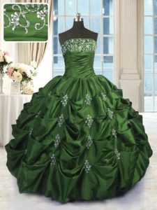 Green Ball Gowns Strapless Sleeveless Taffeta Floor Length Lace Up Beading and Appliques and Embroidery and Pick Ups Ves