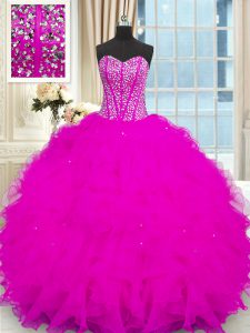 Floor Length Lace Up Vestidos de Quinceanera Fuchsia for Military Ball and Sweet 16 and Quinceanera with Beading and Ruf