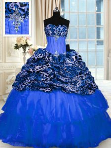 Inexpensive Printed Beading and Sequins Sweet 16 Dresses Blue Lace Up Sleeveless Floor Length