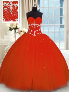 Sleeveless Floor Length Appliques Lace Up Quinceanera Gowns with Red